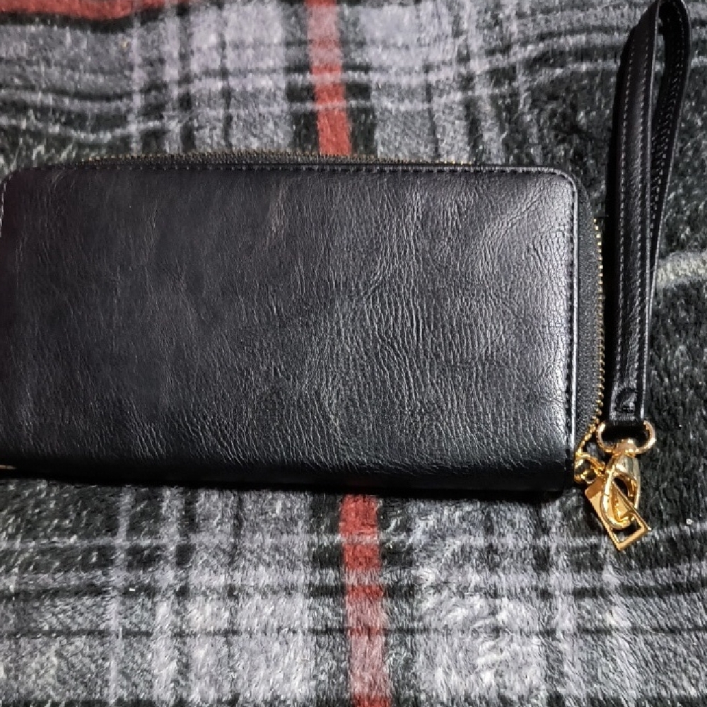Black Leather Wristlet Clutch with Gold Hardware